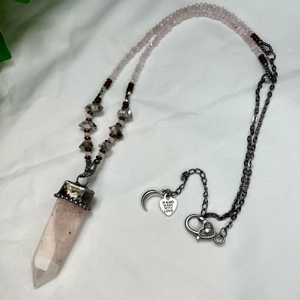 Herkimer Diamond & Rose Quartz Point Crystal Beaded Necklace - Picture 6 of 12